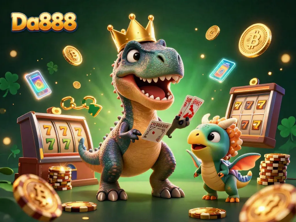 Experience thrilling slots with Da888, featuring a friendly T-Rex, pterodactyl assistant, and baby triceratops stacking chips.