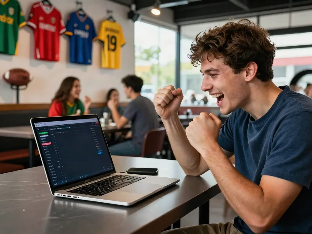 Excited young man engaging with https://zbet.cymru/ app, celebrating a sports win in a vibrant bar.