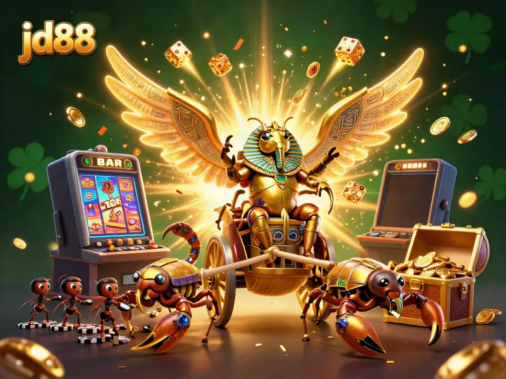 Experience the excitement of jd88's casino world with golden scarab and dynamic game elements in 3D illustration.