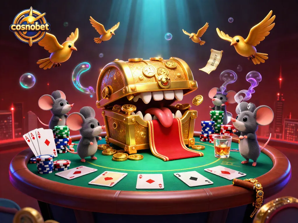 Enhance your gaming experience with cosmobet's thrilling casino atmosphere featuring cartoon treasure and poker elements.
