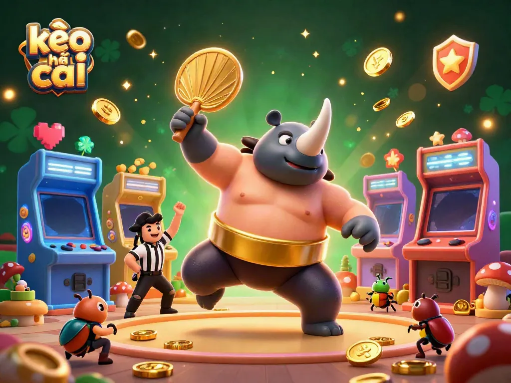 Experience the excitement of kèo nhà cái with a dynamic 3D scene featuring the sumo champion rhinoceros beetle and colorful casino elements.