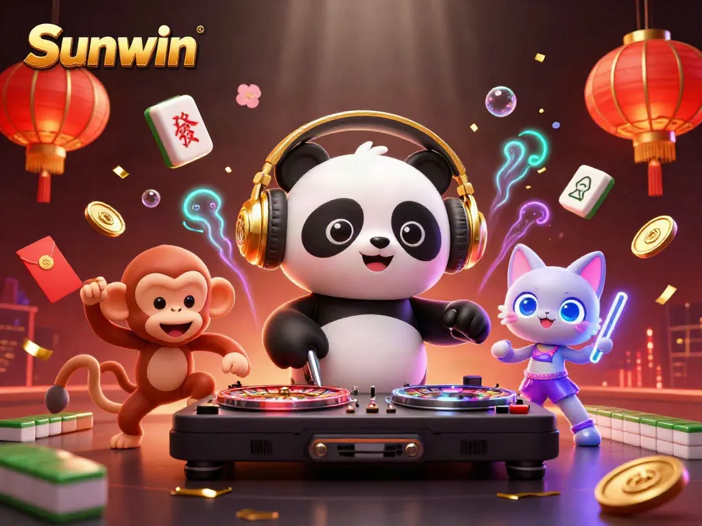 Experience the excitement of Sunwin with vibrant characters and casino elements in a dynamic casino scene.