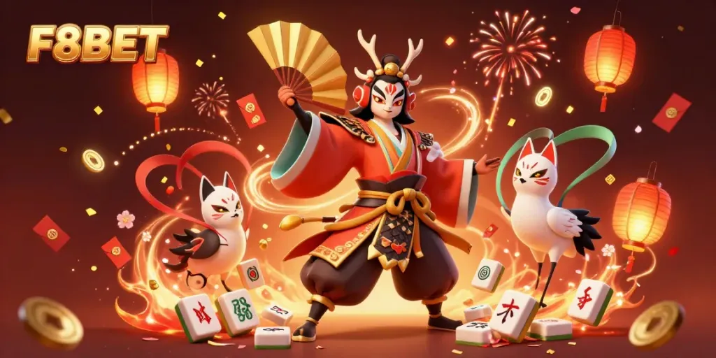 Experience the F8BET casino atmosphere with dynamic characters and festive elements in a vibrant 3D illustration.