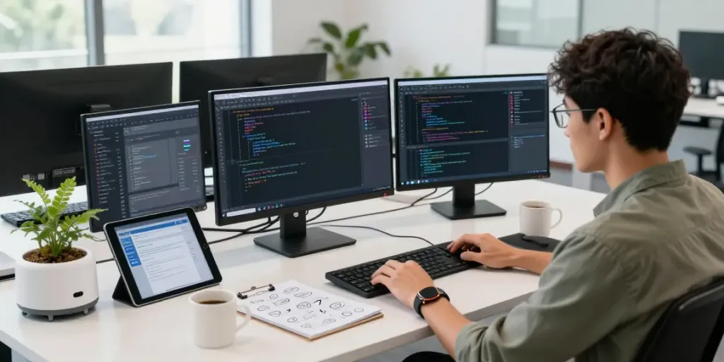 Dynamic tech workspace showcasing instant indexing coding process with multiple monitors and developer focused on debugging.