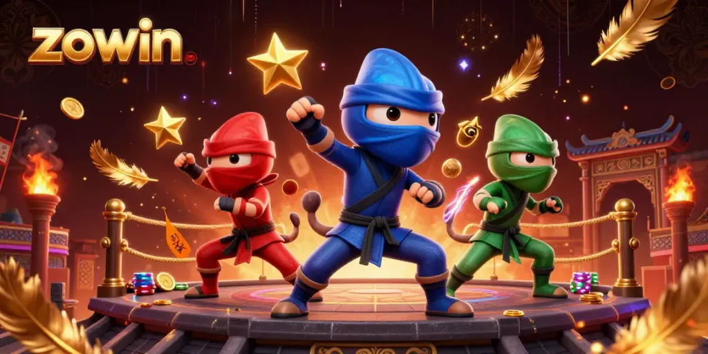 Zowin's chameleon team displays martial arts skills amidst a vibrant casino scene.