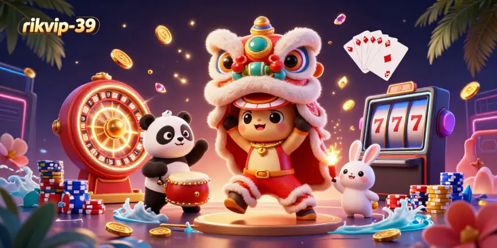 Experience vibrant casino excitement with rikvip-39's animated characters amidst cascading coins and a roulette wheel.