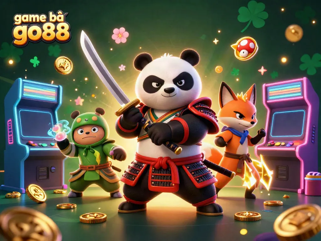 Experience thrilling gameplay with game bài go88, featuring a dynamic illustration of a samurai panda and ninja fox in a rich casino environment.