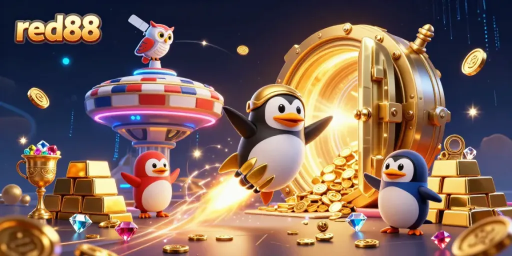 Engage with thrilling gaming chances at red88, as a golden penguin launches towards a vibrant casino.