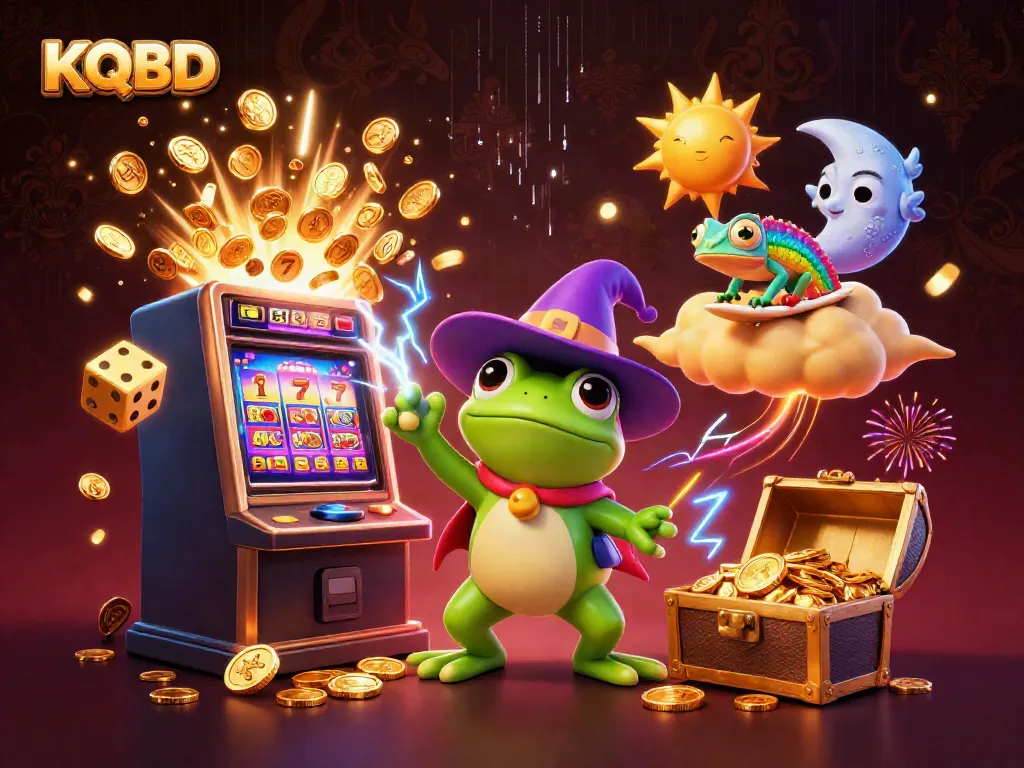 Experience KQBD excitement with a dynamic 3D illustration of a wizard frog and chameleon amidst a jackpot frenzy.