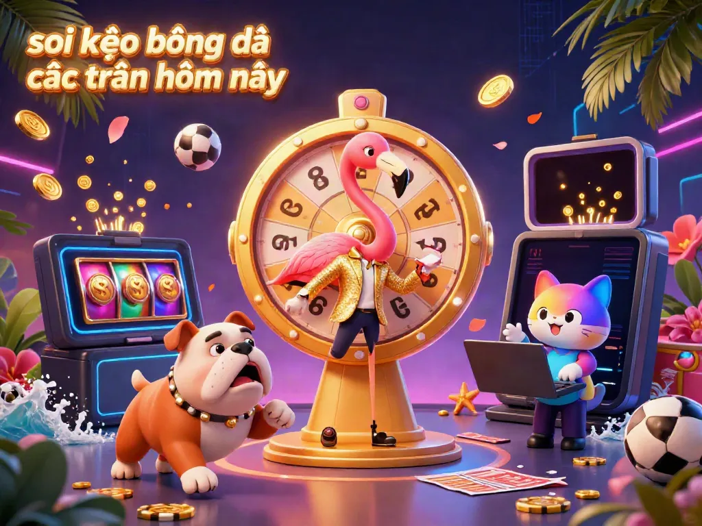 Soi kèo bóng đá các trận hôm nay dynamic sports betting scene with colorful game elements and lively characters.