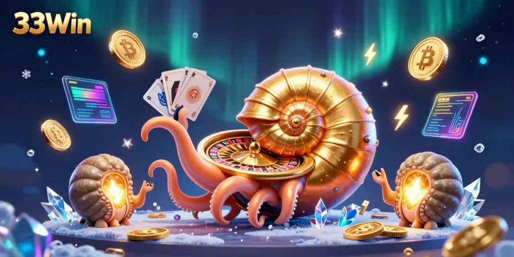 Experience the thrilling gaming atmosphere at 33Win with a giant nautilus roulette wheel and glowing cryptocurrency elements.