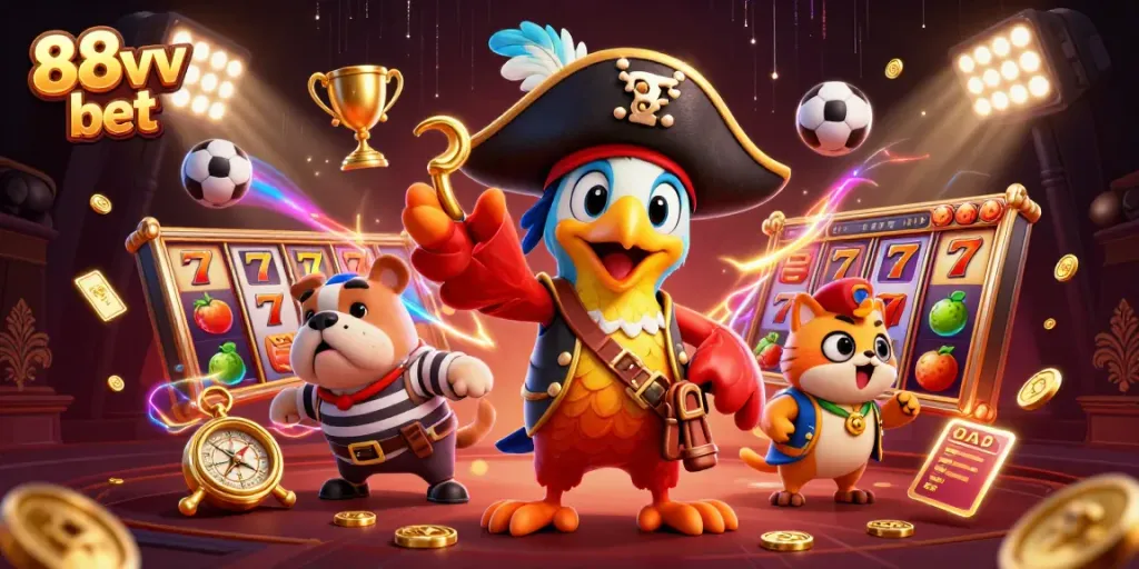 Experience thrilling games with 88vv bet in a vibrant casino scene filled with animated characters and rich details.
