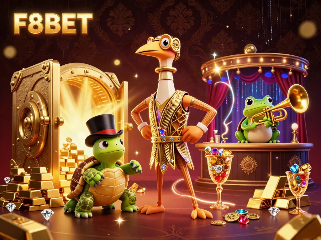 F8BET offers a vibrant casino experience with characters in a rich 3D scene filled with gold.