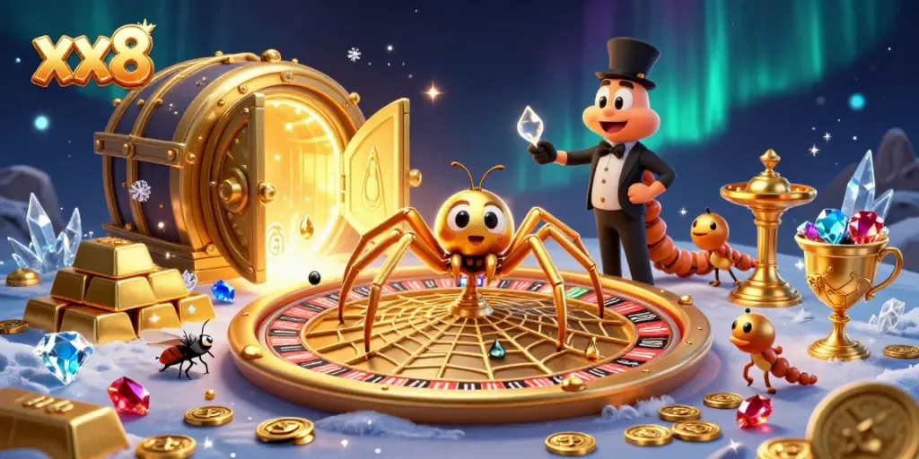 Experience the thrill of xx8 with the golden spider and fly in a dazzling casino scene.