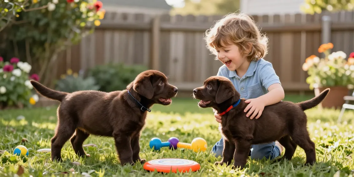 Joyful child playing with Chocolate labrador puppies in a sunny backyard garden.