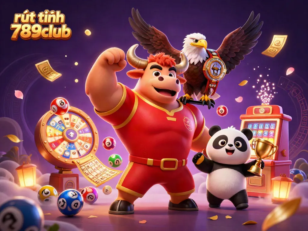 Engage with rút tiền 789club through dynamic casino-themed characters celebrating winnings and vibrant elements.