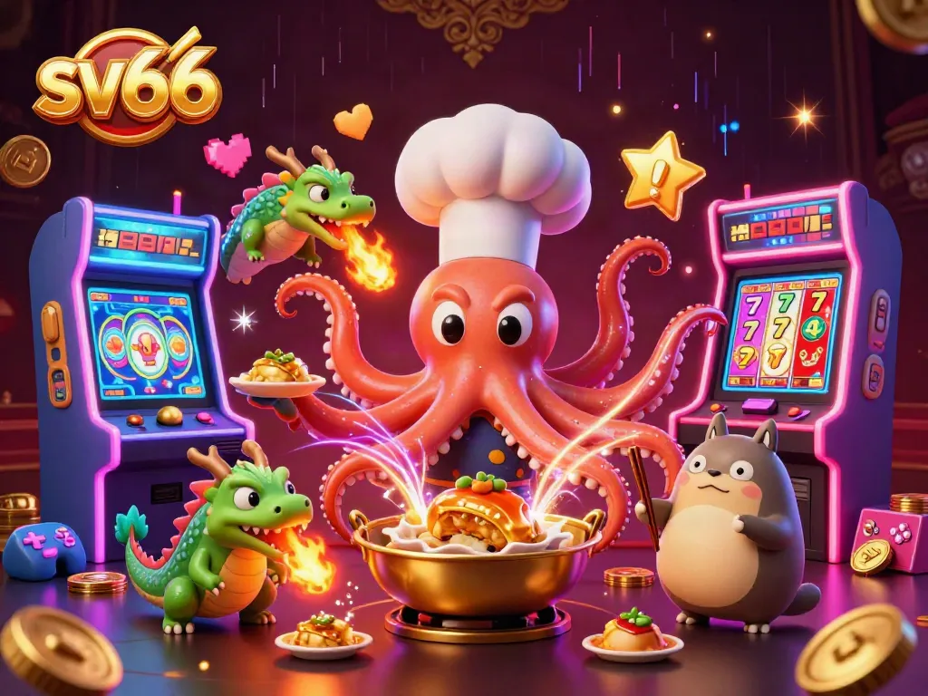 Experience sv66’s thrilling casino slots with an exciting 3D illustration featuring dynamic characters and vibrant game elements.