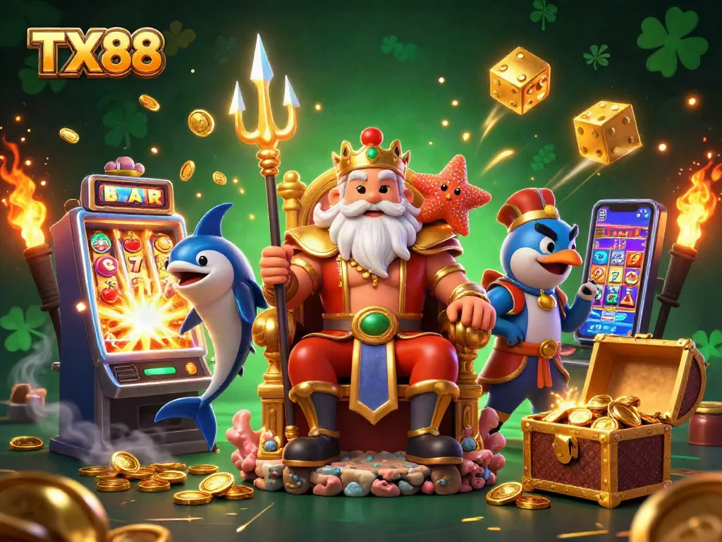 Experience thrilling wins at TX88 with an enchanting illustration featuring Neptune and exciting casino elements.