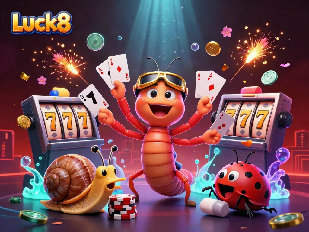 Experience the excitement of Luck8 with a colorful illustration showcasing a whimsical casino scene featuring a millipede dealer and a snail high-roller.
