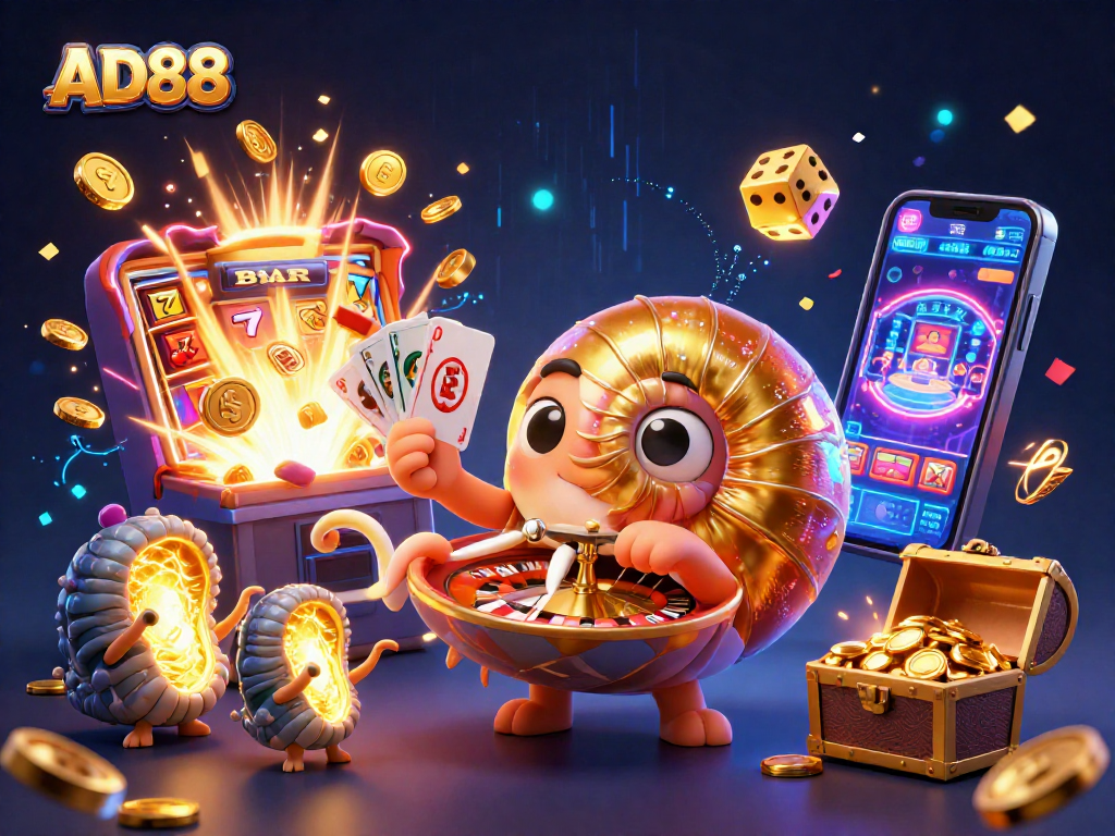 Experience thrilling gameplay at AD88 with a vibrant casino scene showcasing a nautilus roulette wheel and jackpots.