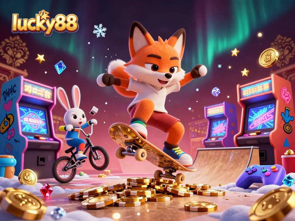 Experience thrilling wins with lucky88 in an energetic gaming scene featuring animated characters and casino elements.