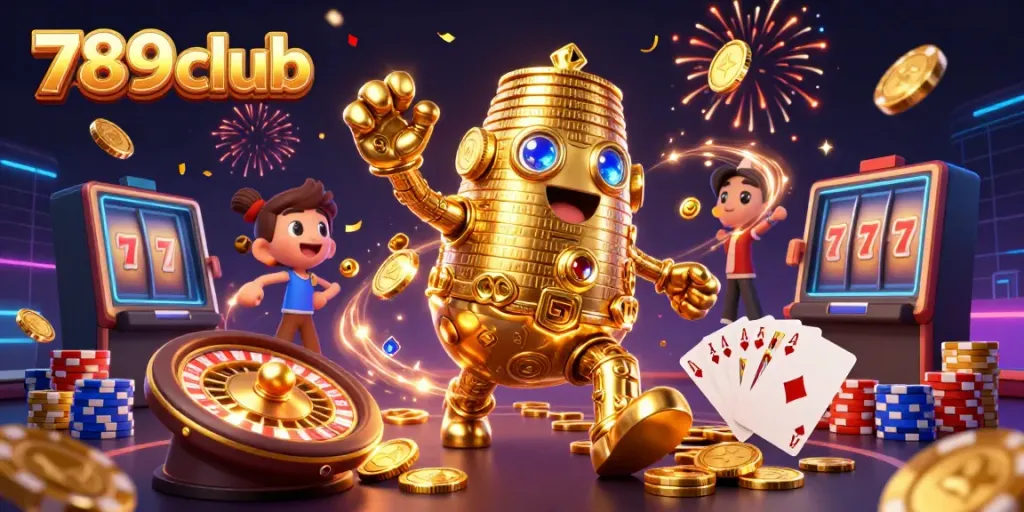 Experience thrilling wins at 789club with a vibrant illustration of a golden golem and casino games.