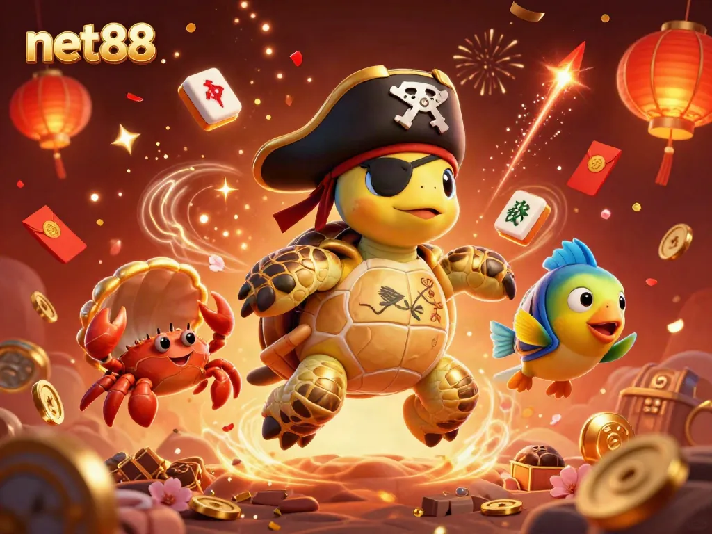 Experience thrilling casino action with net88 featuring a pirate turtle surrounded by festive elements.