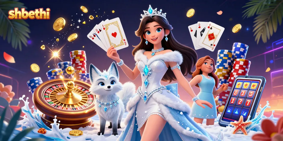 Experience shbethi's thrilling gaming action with a stunning woman and an Arctic fox amidst cascading coins and vibrant casino elements.