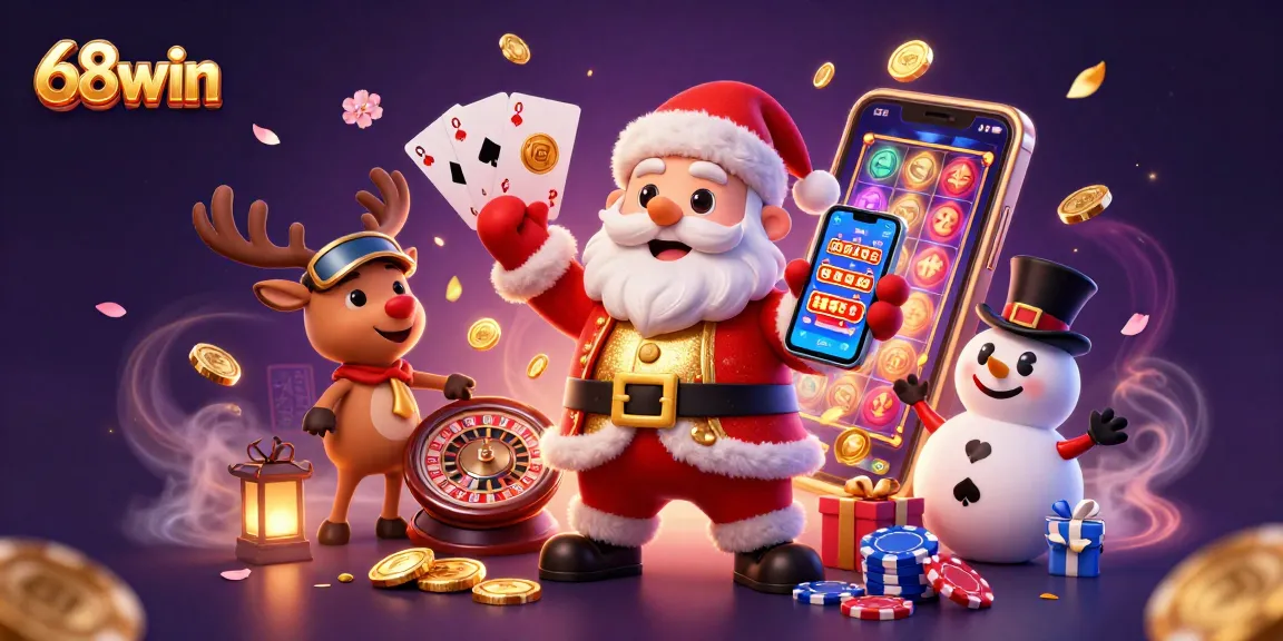 Engage in exciting slots with 68win, featuring a festive Santa and his gaming companions.