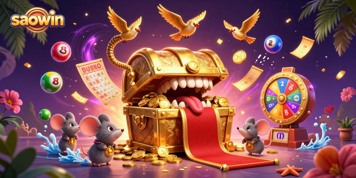 Spin the reels at saowin with colorful lottery elements and treasure chests in a vibrant 3D casino scene.