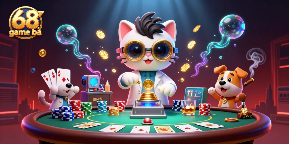 Engage in thrilling 68 game bài action with a mad scientist cat and dog amidst poker elements.