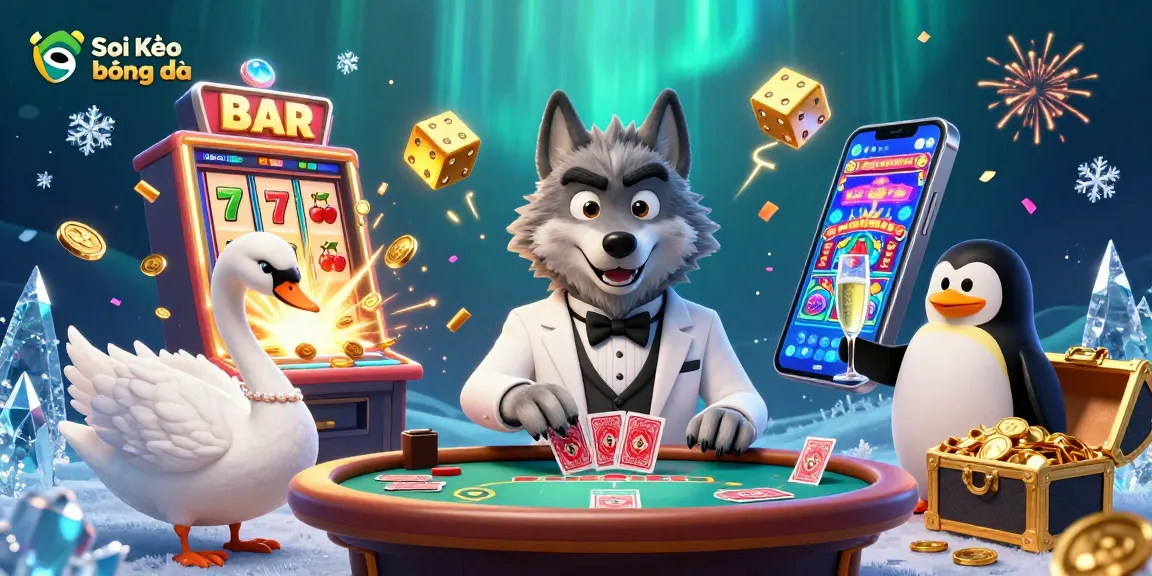 Soi Kèo bóng đá illustration showing a debonair wolf at a baccarat table with dynamic casino elements.