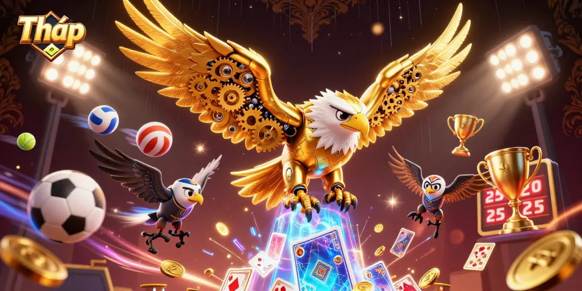 Tháp showcases thrilling gambling activities with a cybernetic eagle and sports elements in a dynamic casino setting.