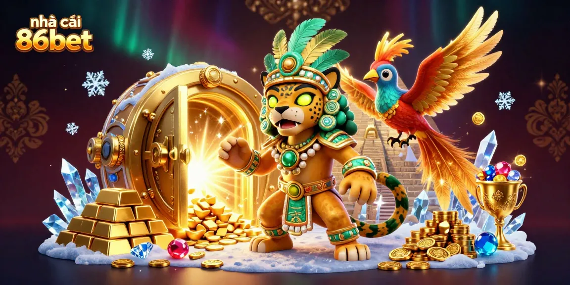 Experience the excitement of nhà cái 86bet with dynamic elements including shimmering treasure piles and a vibrant casino atmosphere.