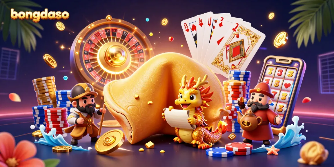 Bongdaso brings excitement with a vibrant 3D illustration of a golden fortune cookie, fortune scroll, and dynamic casino elements.