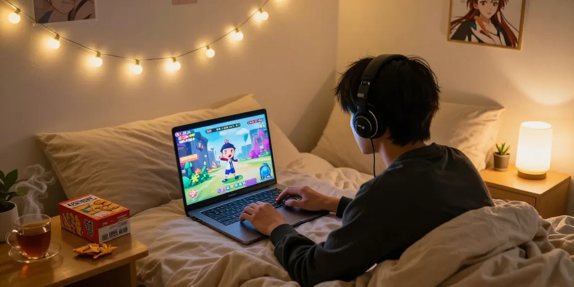 Cozy bedroom scene with a player immersed in a colorful hentai game.
