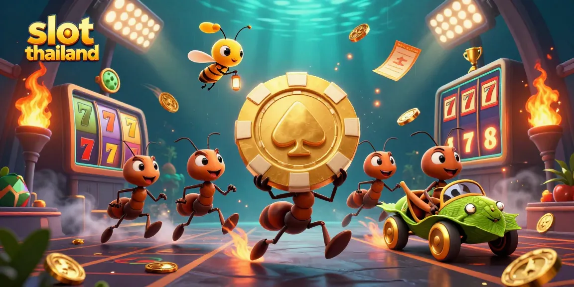Engage in slot thailand excitement with a cartoon heist featuring ants and vibrant casino elements.