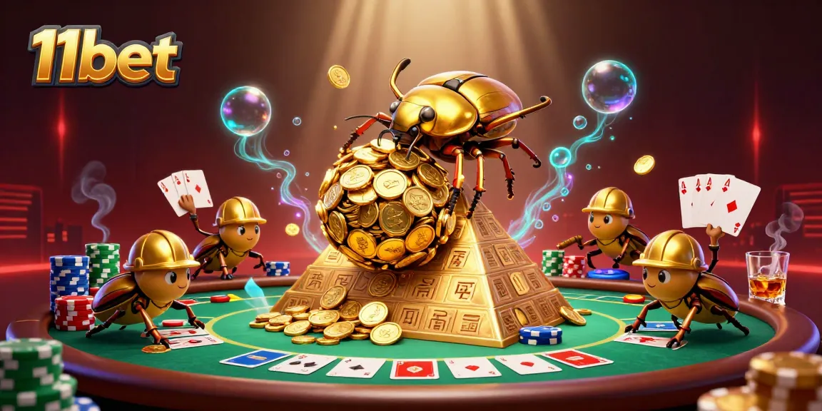 Engage with 11bet's vibrant casino experience featuring golden beetles and rich gambling elements.