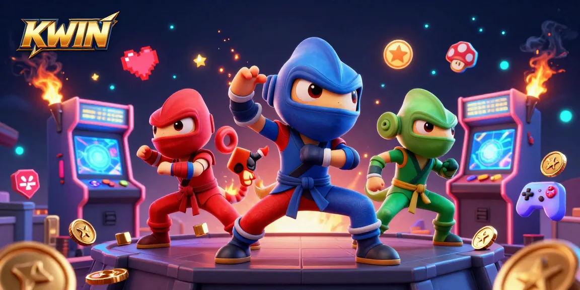 KWIN engages players with a dynamic 3D casino scene featuring chameleon ninjas and vibrant gaming elements.