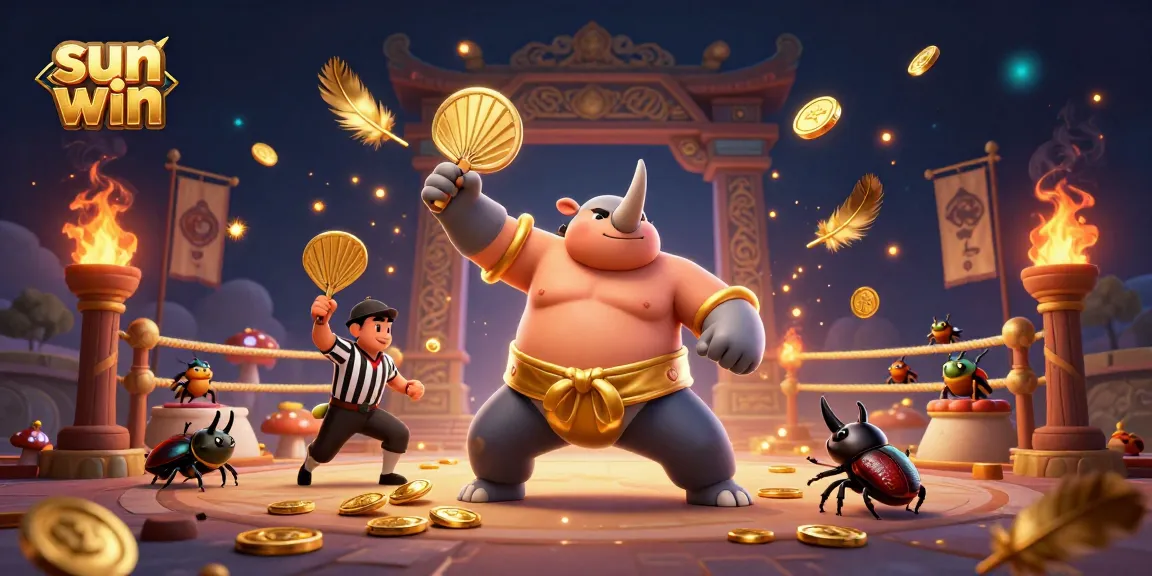 Join the excitement of sun win as a sumo beetle champion stomps for rewards, surrounded by vibrant casino elements.