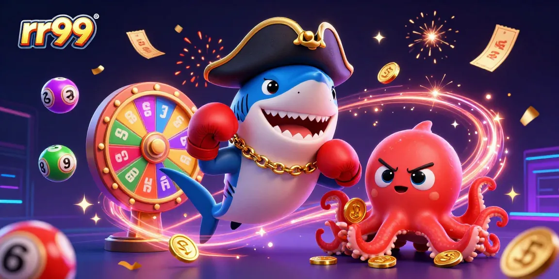 Engage in thrilling casino games with rr99, showcasing a pirate shark, pufferfish, and octopus amidst dynamic lottery elements.