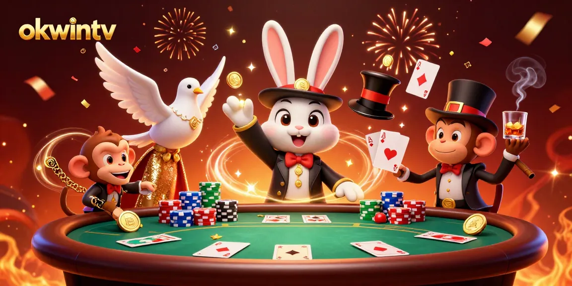 Betting with okwintv: 3D magician pulling coins amidst poker chips and vibrant casino elements.