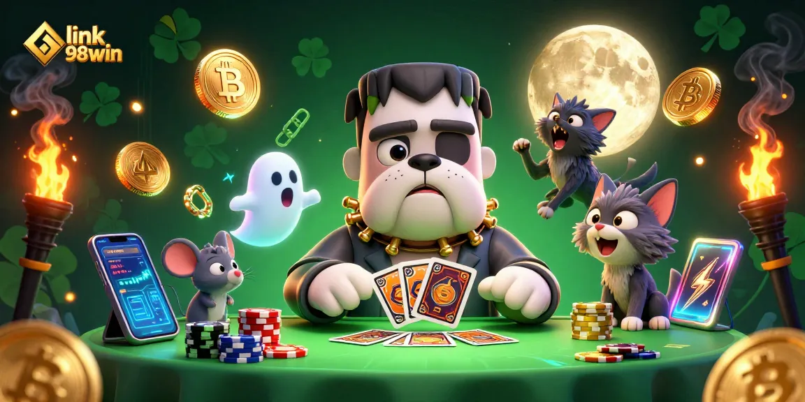 Engage in thrilling gameplay with link 98win while enjoying a vibrant illustration of casino characters and cryptocurrency.