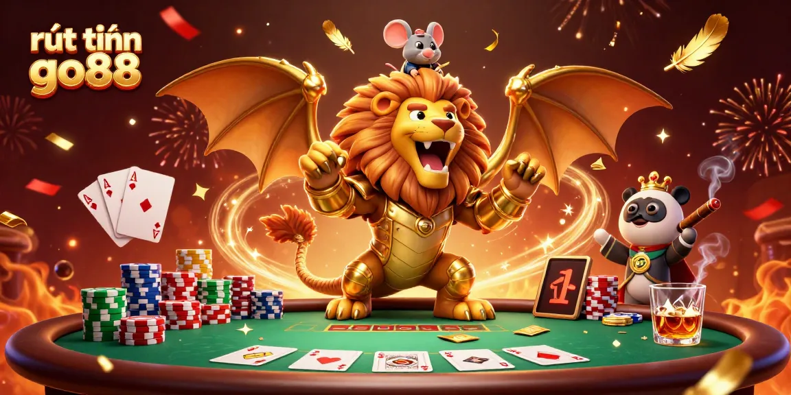 Engage in rút tiền go88 with a vibrant 3D casino scene featuring poker tables and celebratory elements.