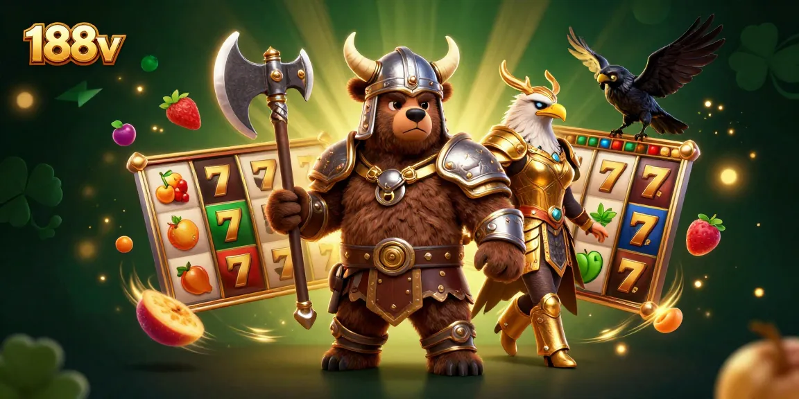 Experience exciting slots at 188v with dynamic Viking bear and Valkyrie eagle in a vibrant casino scene.