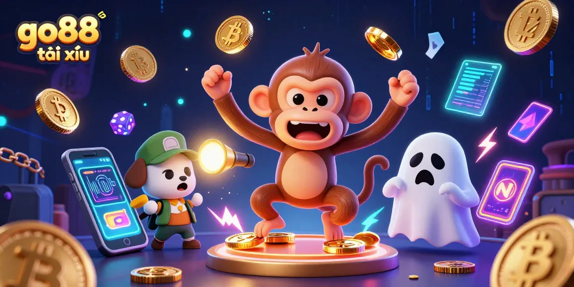 Experience the thrill of go88 tài xỉu in a vibrant haunted casino setup with a mischievous monkey and a curious puppy.