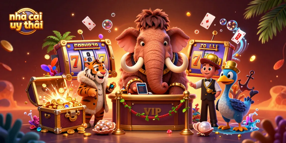 Experience excitement with nhà cái uy tín as a mammoth checks IDs at a casino entrance with vibrant games.