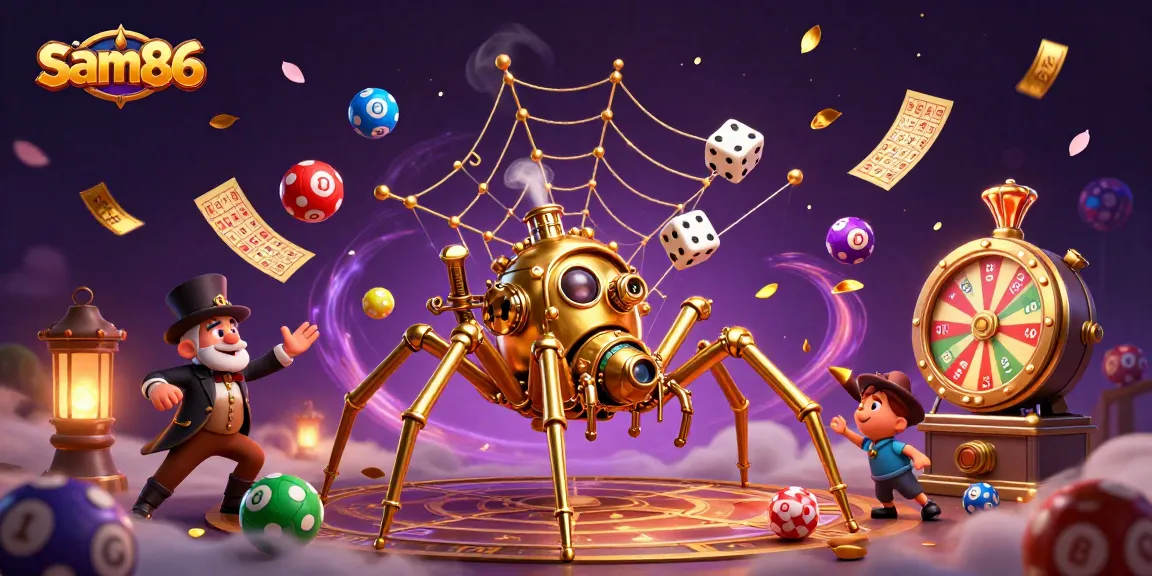 Experience thrilling gameplay at sam86 with a golden steampunk spider catching dice among colorful lottery balls.