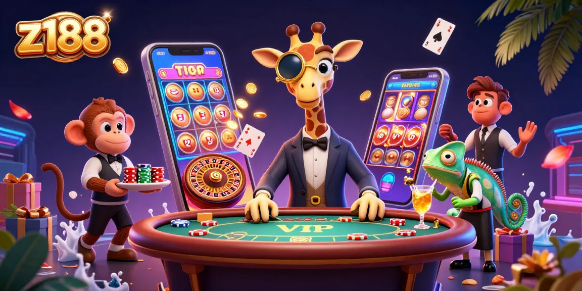 Experience z188 excitement as a giraffe, monkey, and chameleon bring the casino scene to life!