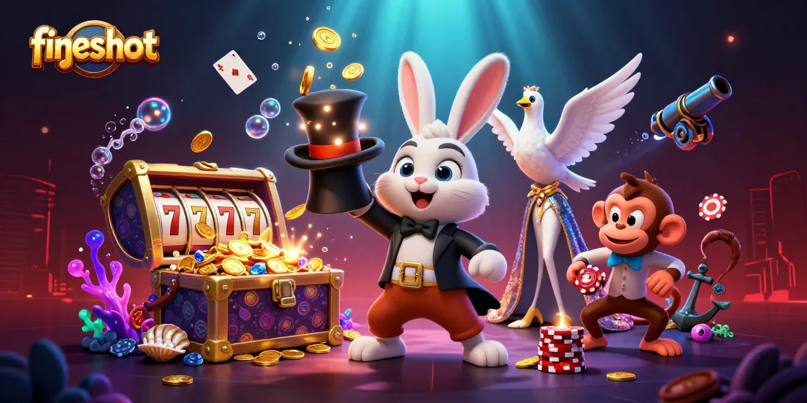 Experience thrilling gameplay at fiveshot with a whimsical 3D scene of a magician rabbit, coins, and poker chips.